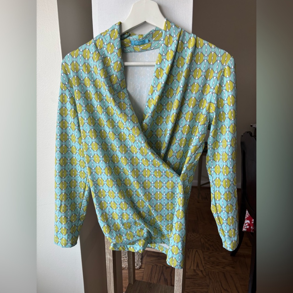 J. McLaughlin Blue and Yellow Geometric Blouse